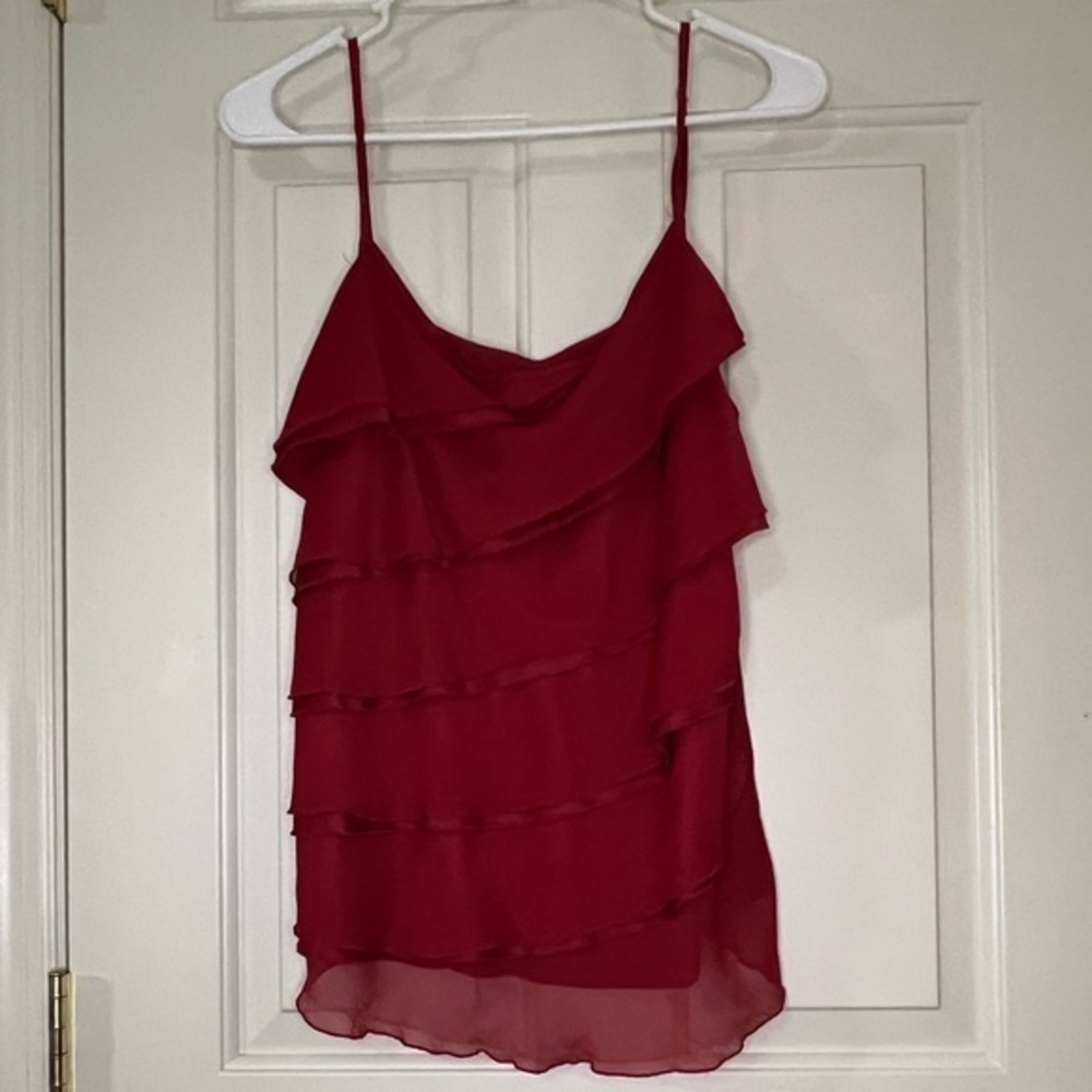 Women’s spaghetti strap red ruffle top, Large